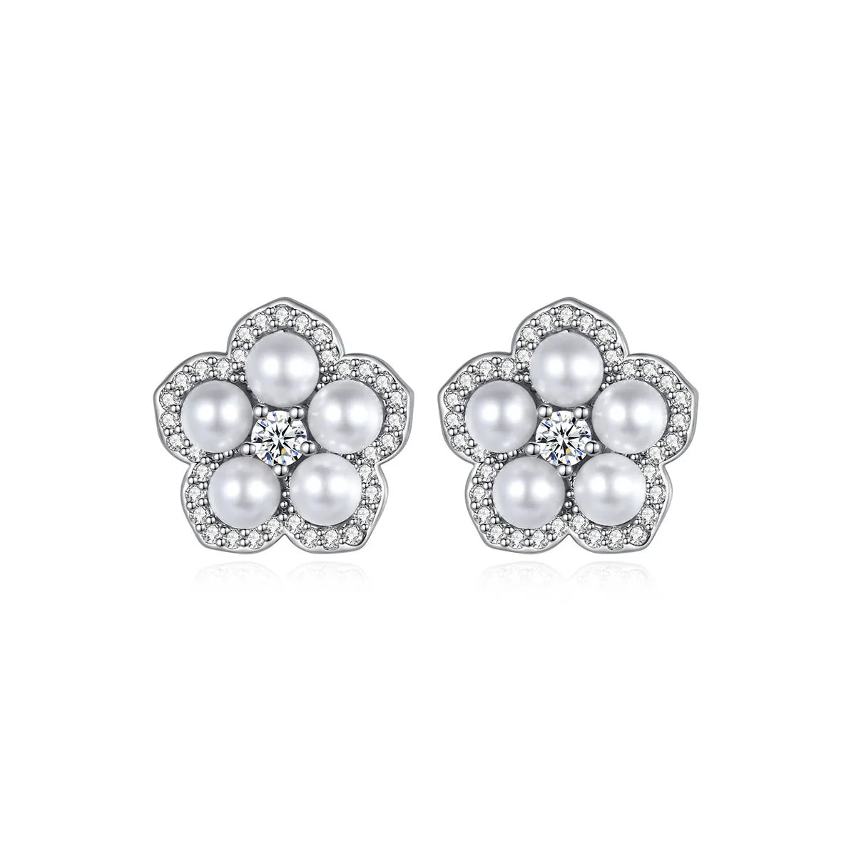 Cubic Zirconia & Pearl Silver-Plated Plum Blossom Stud Earrings