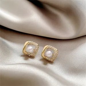 Cubic Zirconia & Pearl Square Stud Earrings