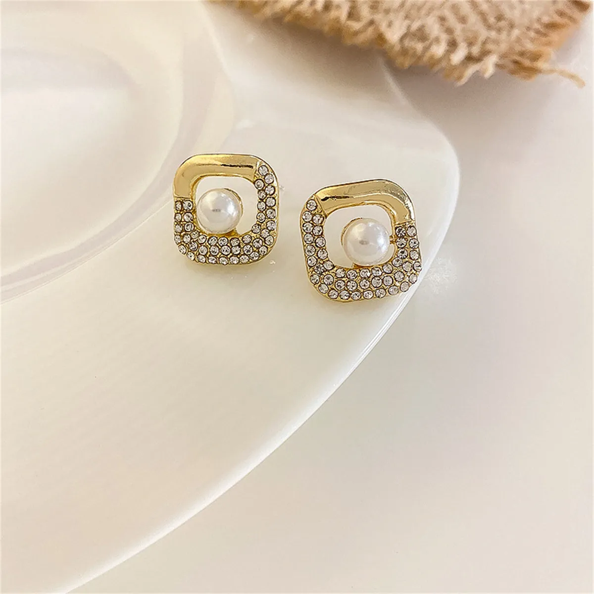Cubic Zirconia & Pearl Square Stud Earrings