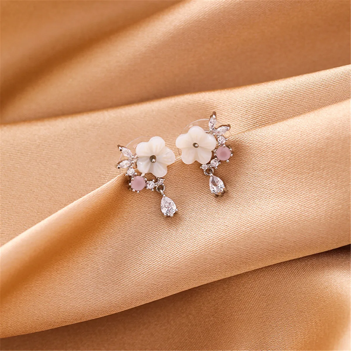Cubic Zirconia & Pink Cat's Eye Flower Drop Earrings