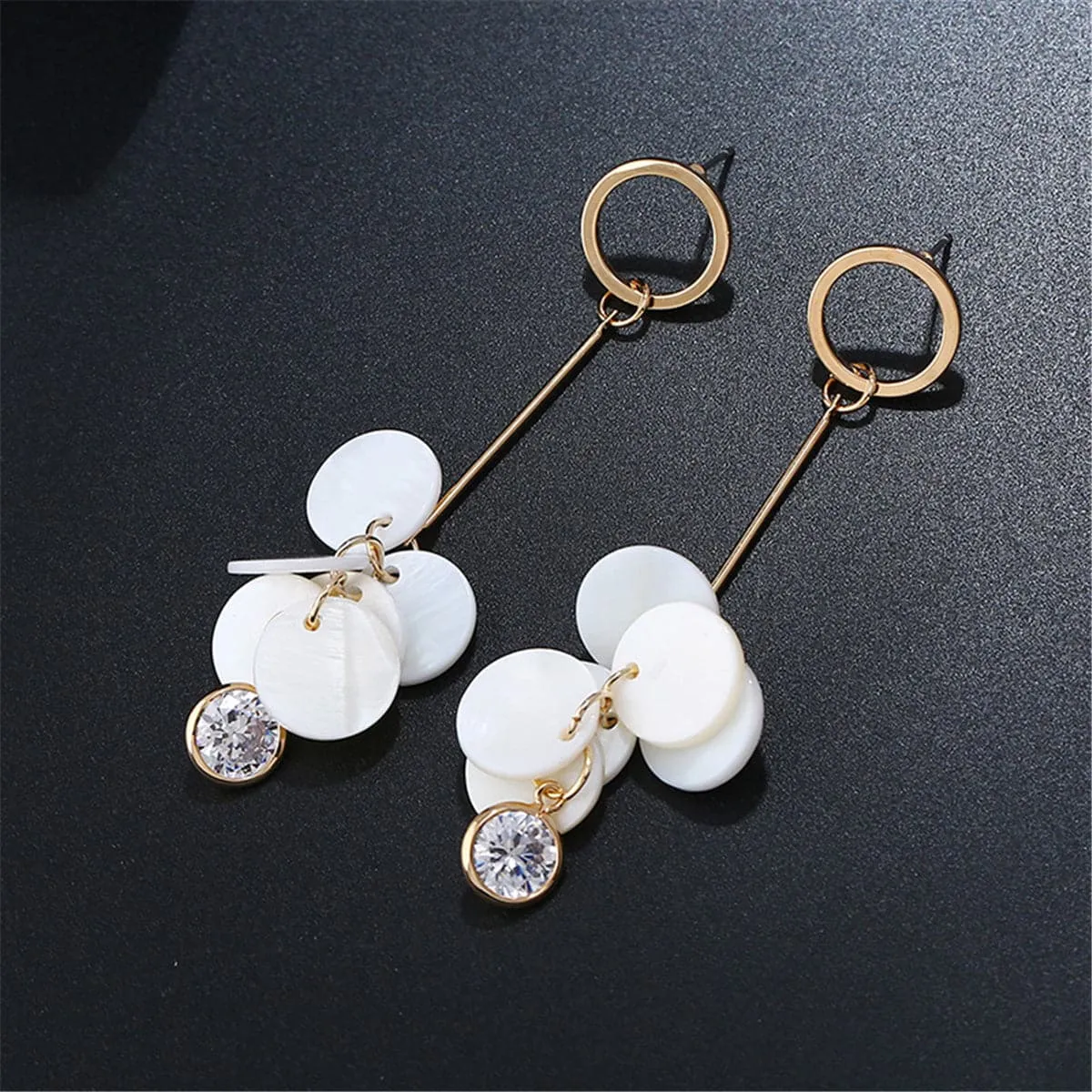Cubic Zirconia & Shell Disks Drop Earrings