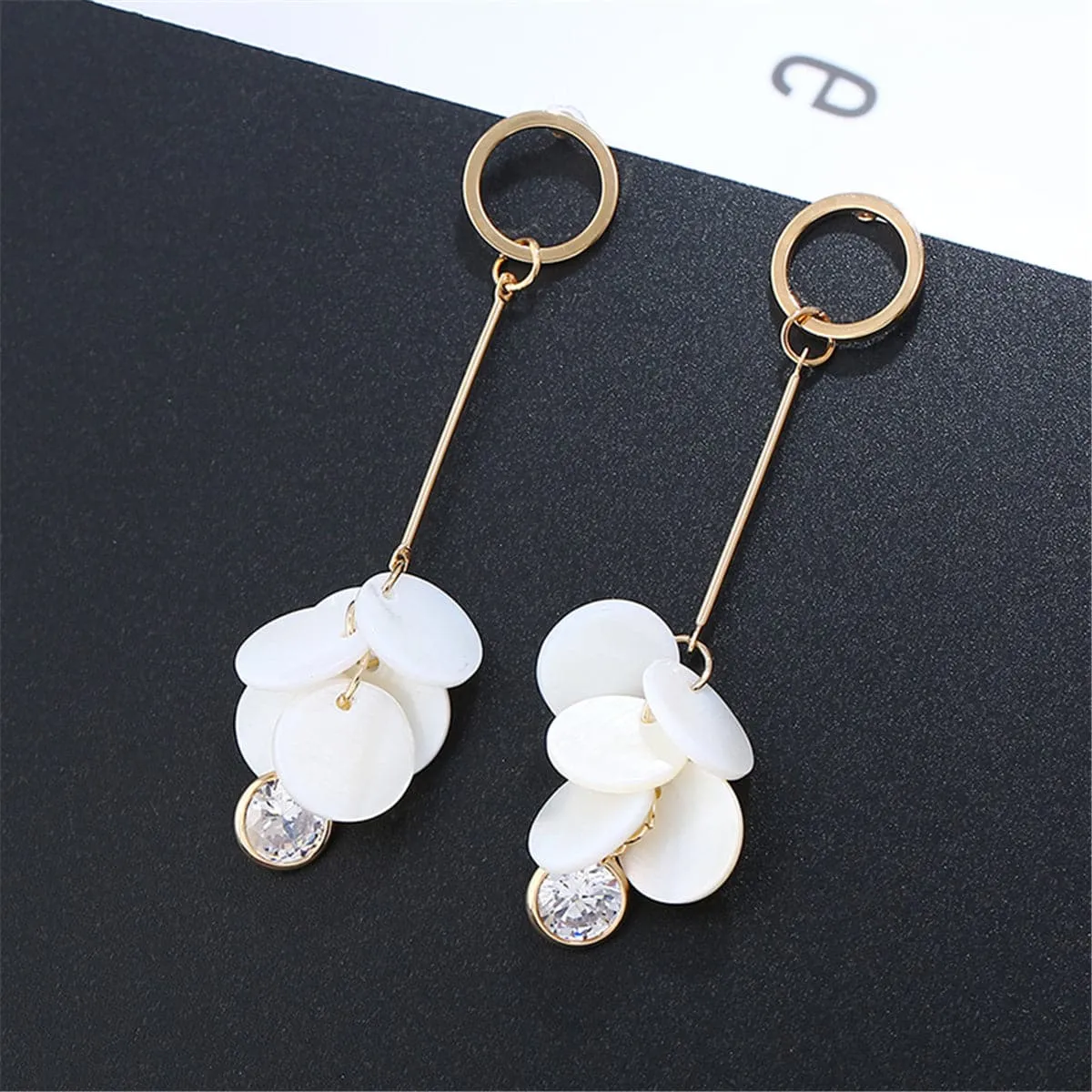 Cubic Zirconia & Shell Disks Drop Earrings