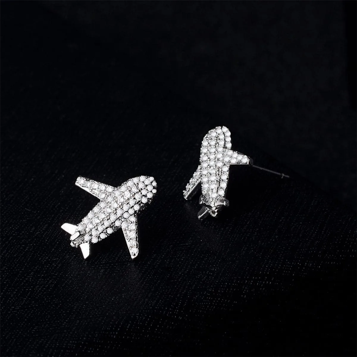 Cubic Zirconia & Silver-Plated Airplane Pavé Stud Earrings