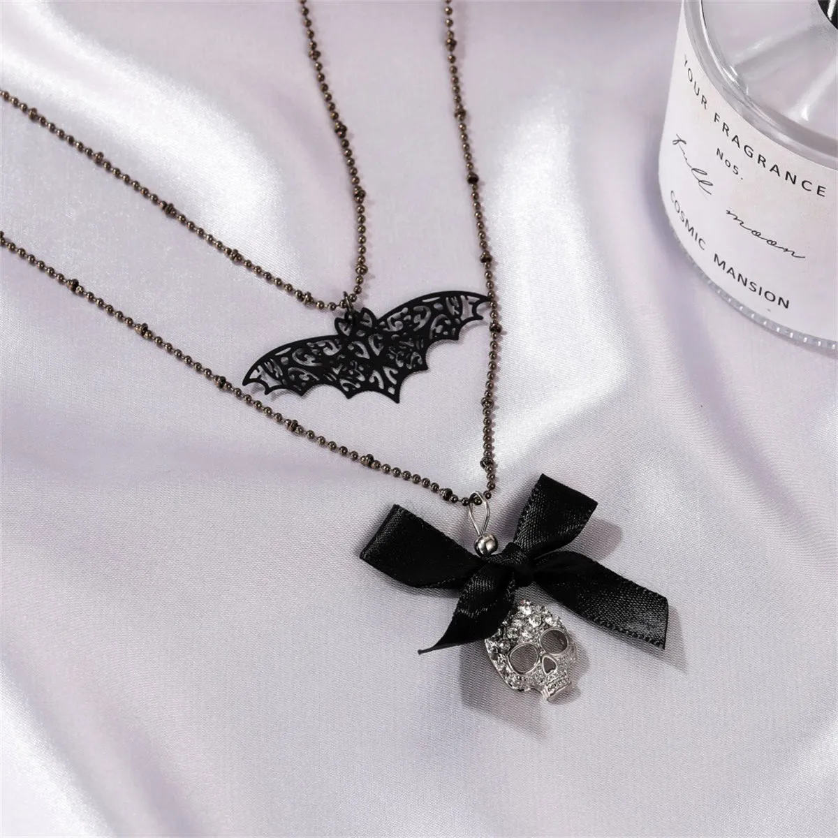 Cubic Zirconia & Silver-Plated Bat Bow Layered Pendant Necklace