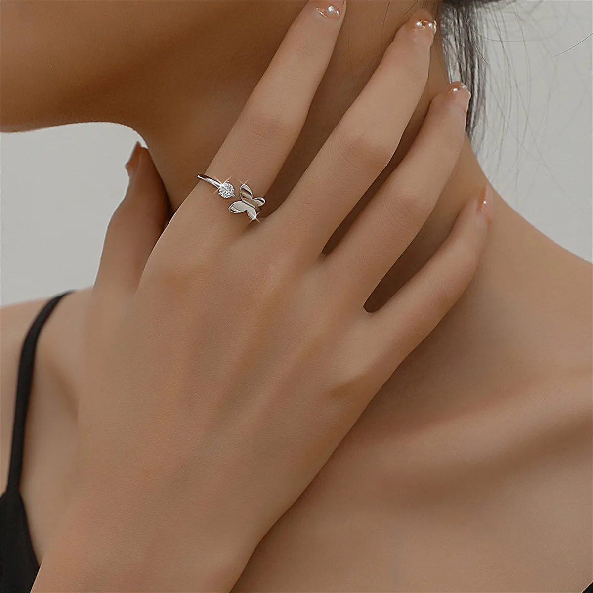 Cubic Zirconia & Silver-Plated Butterfly Open Ring