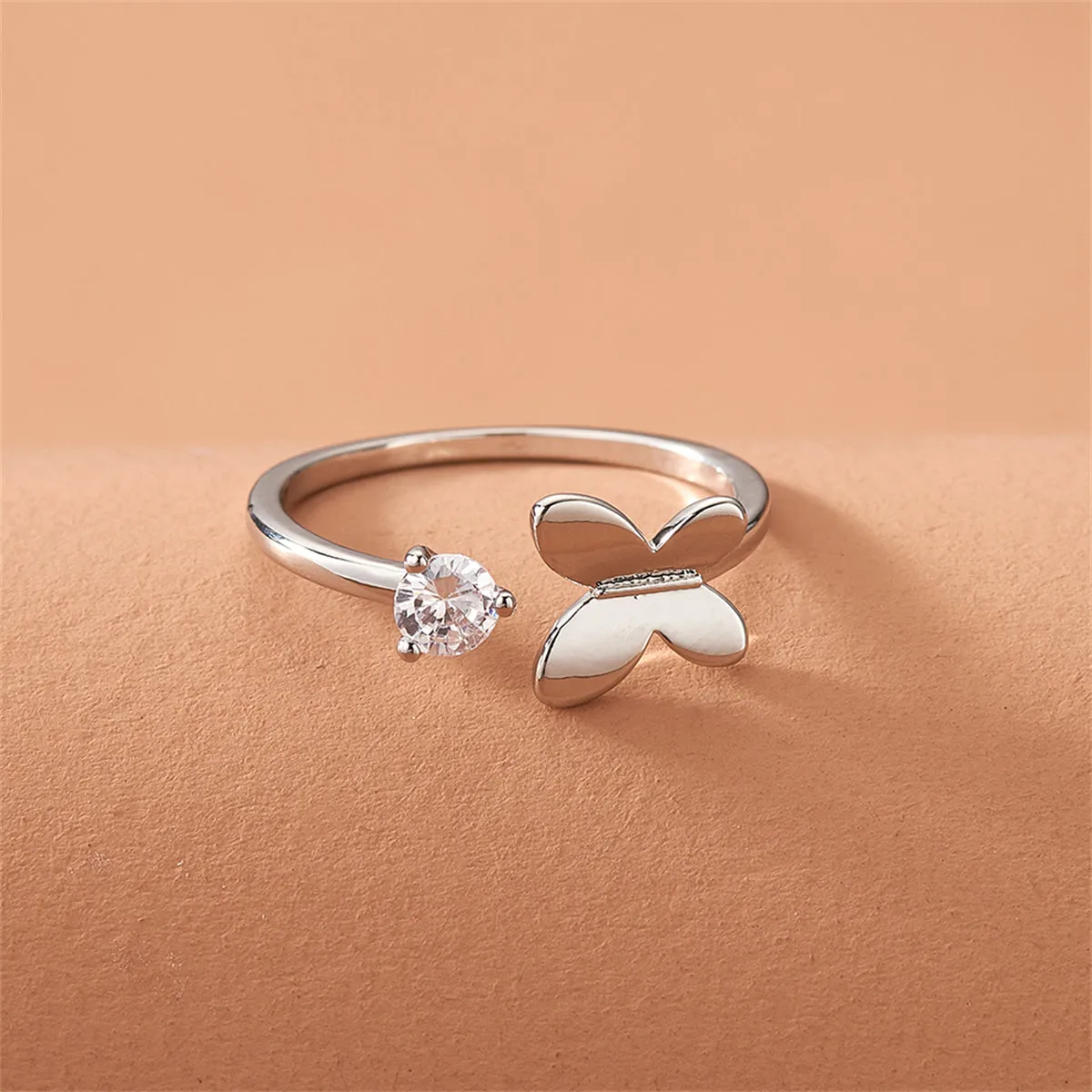 Cubic Zirconia & Silver-Plated Butterfly Open Ring