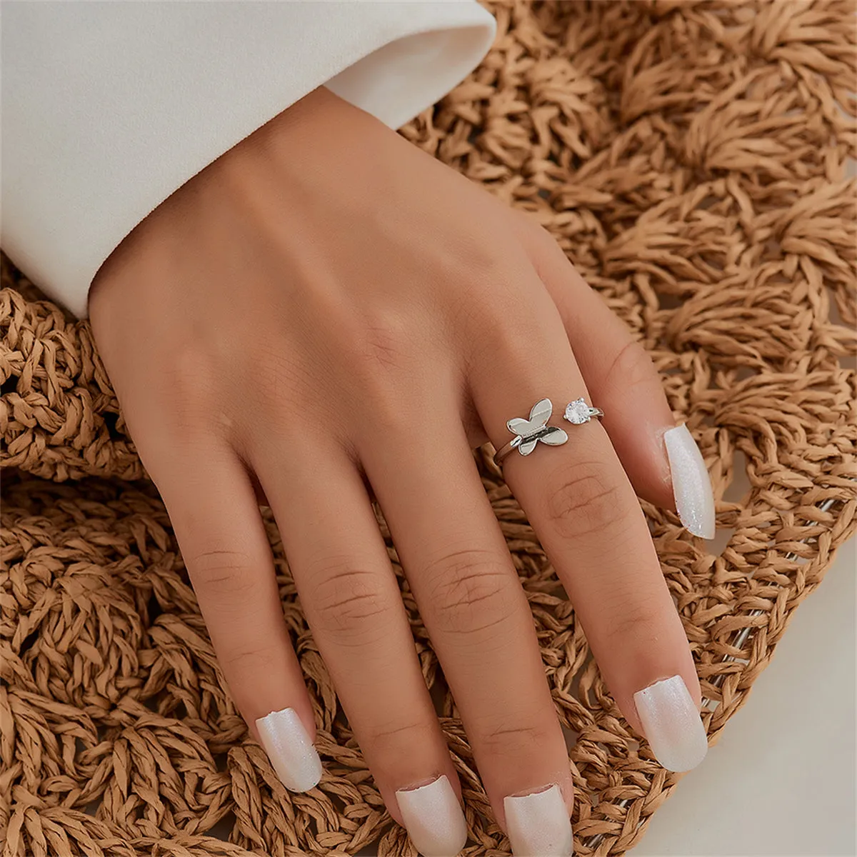 Cubic Zirconia & Silver-Plated Butterfly Open Ring