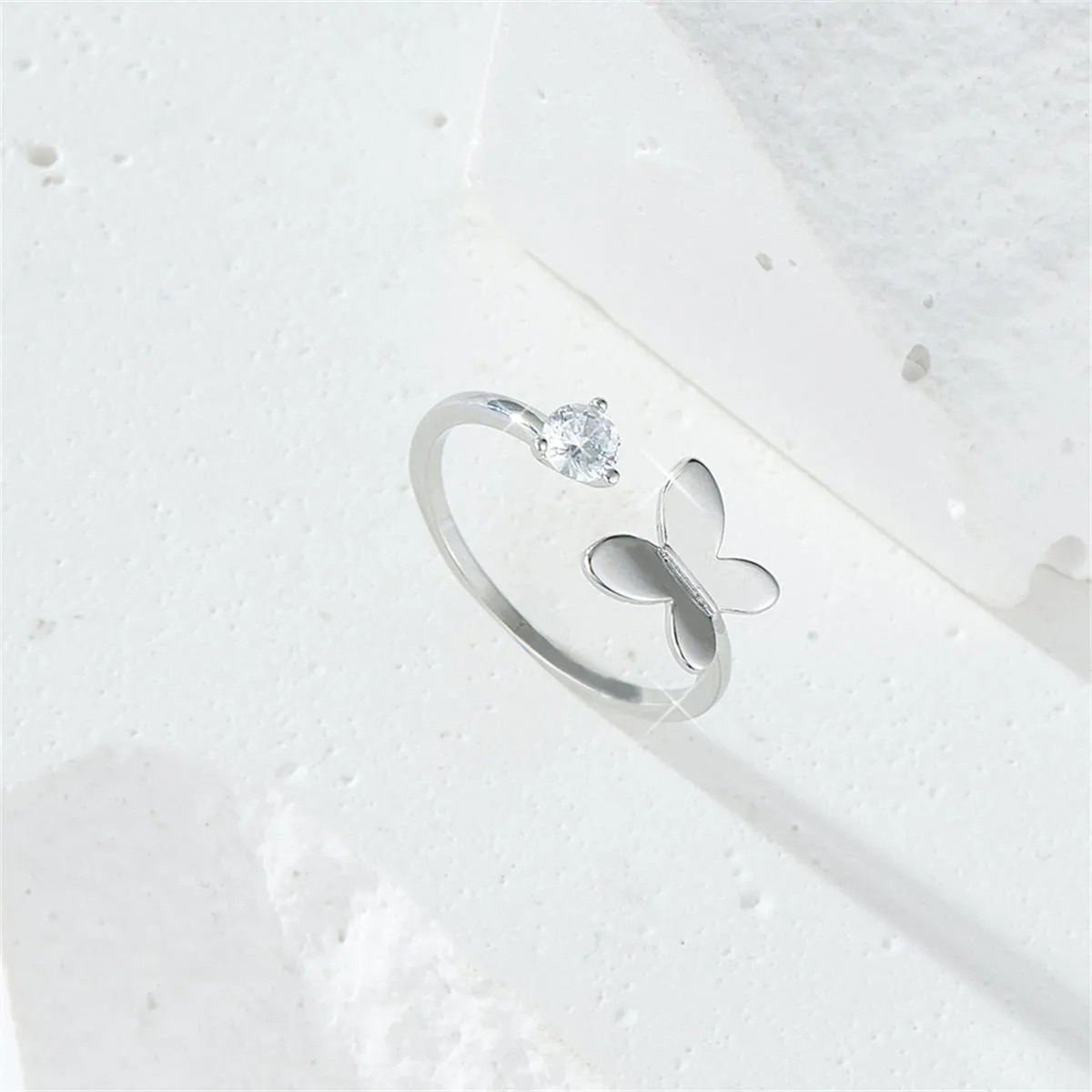 Cubic Zirconia & Silver-Plated Butterfly Open Ring