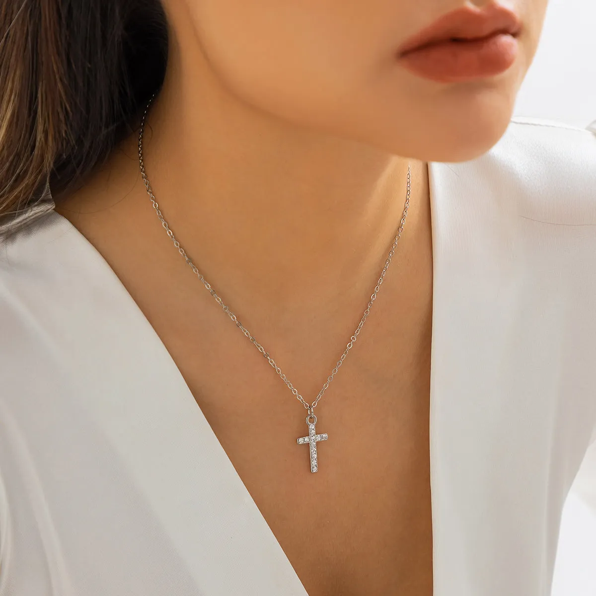Cubic Zirconia & Silver-Plated Cable Chain Cross Pendant Necklace