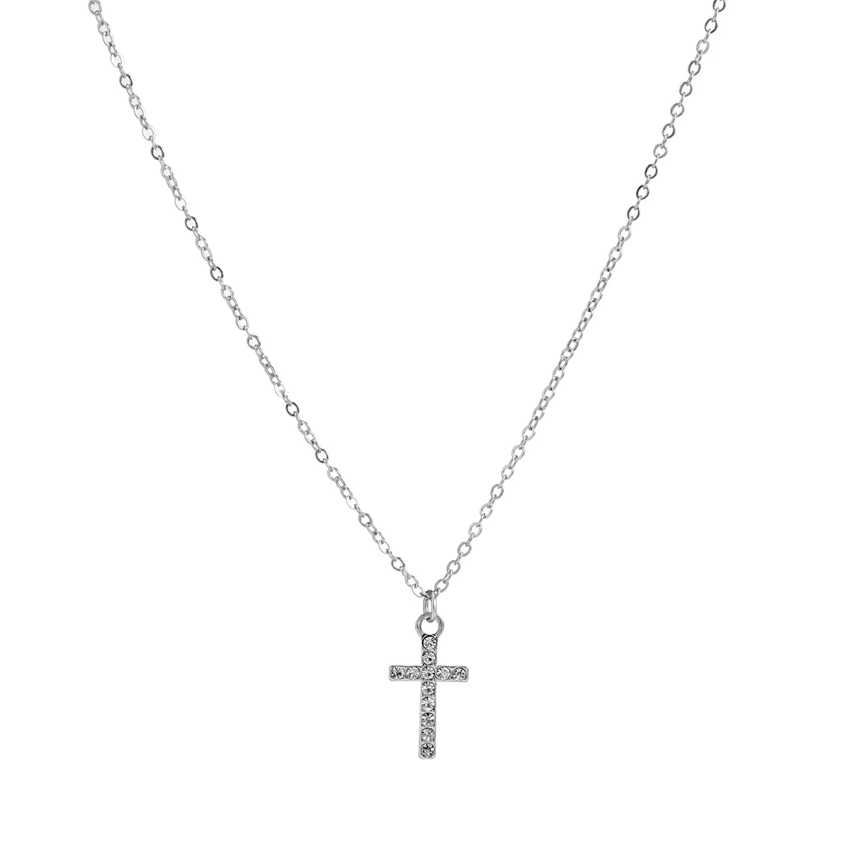Cubic Zirconia & Silver-Plated Cable Chain Cross Pendant Necklace
