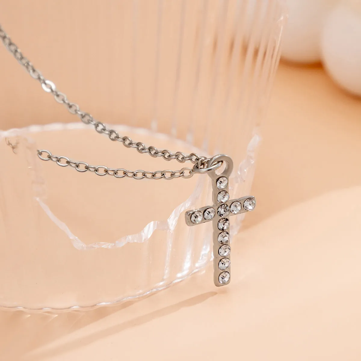 Cubic Zirconia & Silver-Plated Cable Chain Cross Pendant Necklace