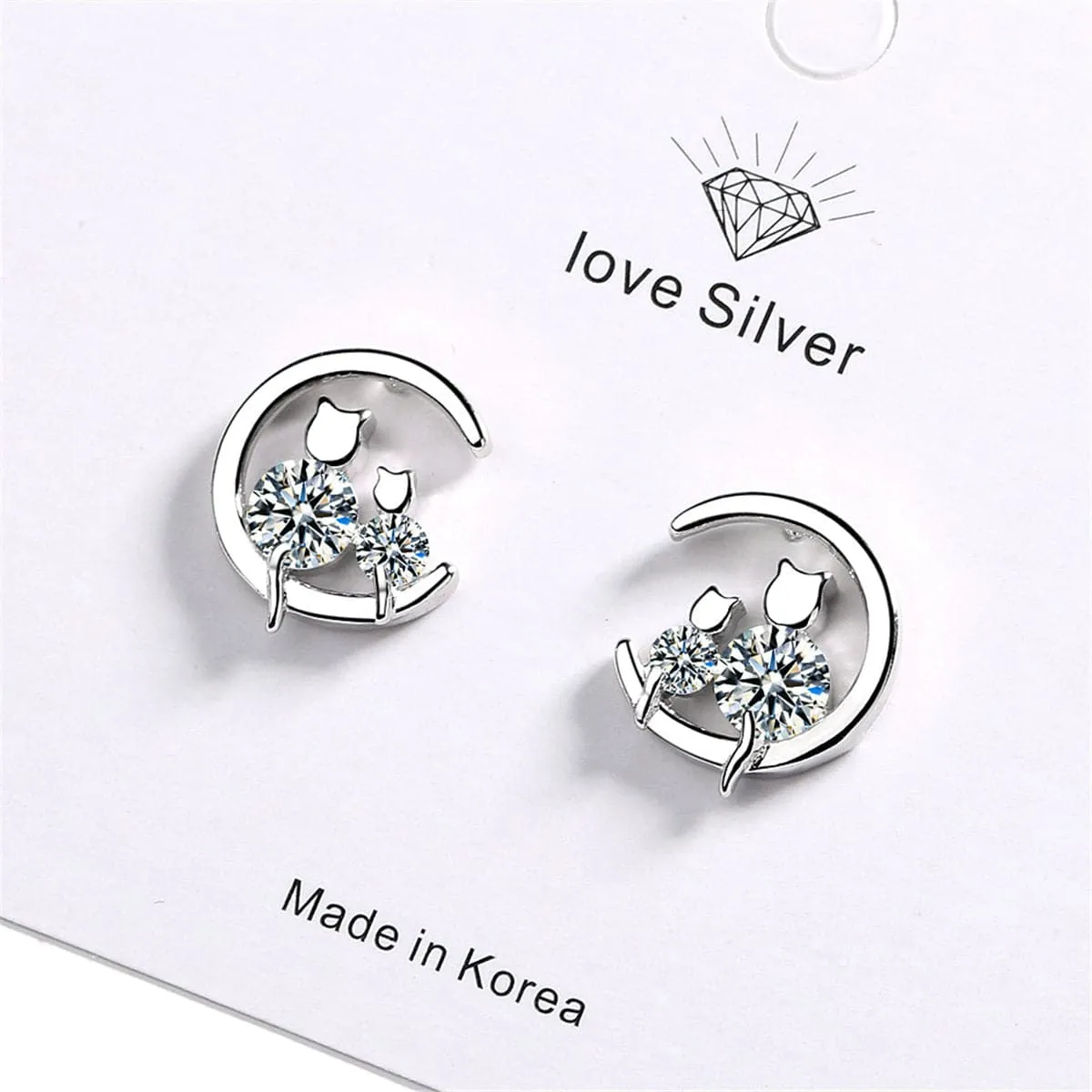 Cubic Zirconia & Silver-Plated Cat & Moon Stud Earrings