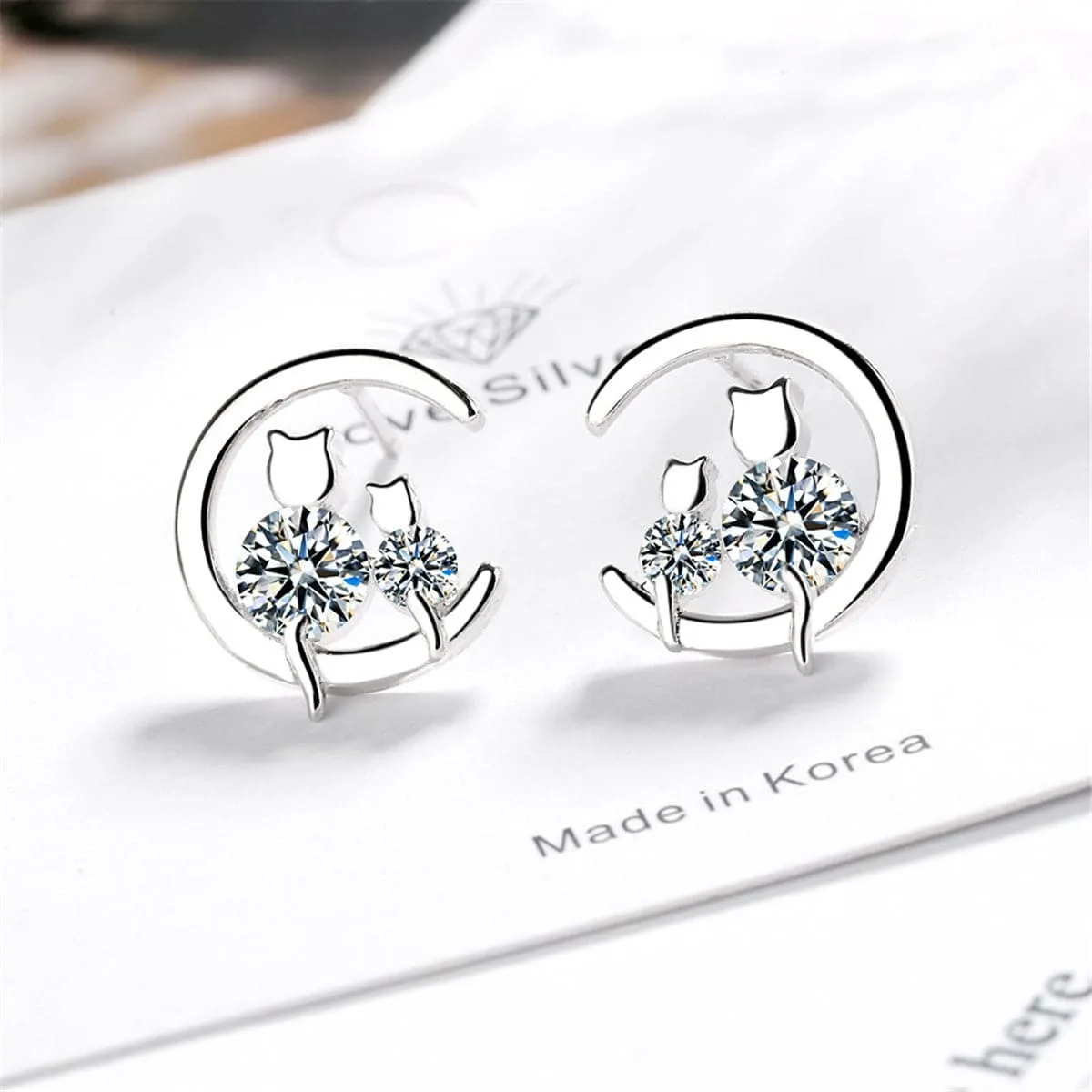 Cubic Zirconia & Silver-Plated Cat & Moon Stud Earrings