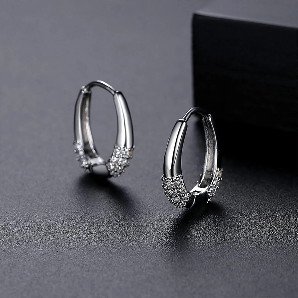 Cubic Zirconia & Silver-Plated Drop-Shape Huggie Earrings