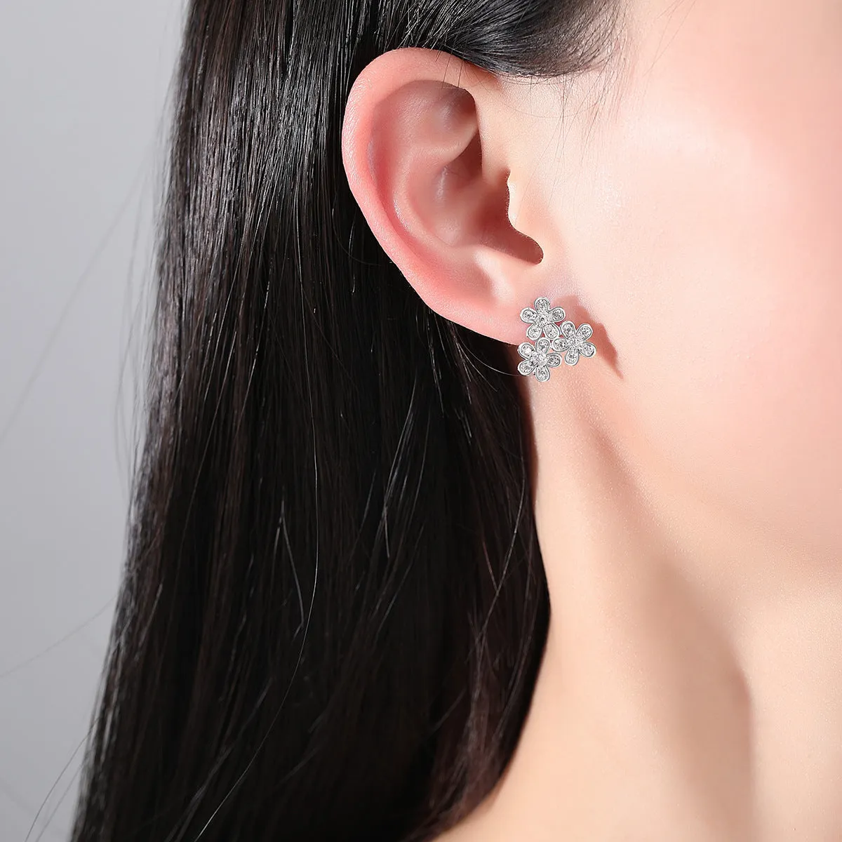 Cubic Zirconia & Silver-Plated Flower Group Stud Earrings