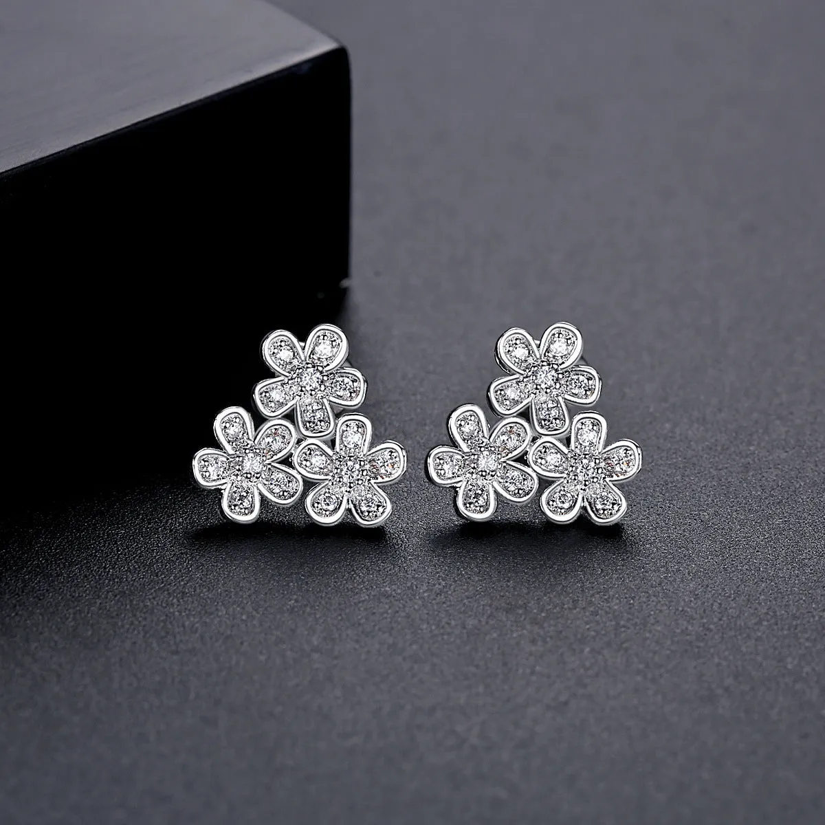 Cubic Zirconia & Silver-Plated Flower Group Stud Earrings