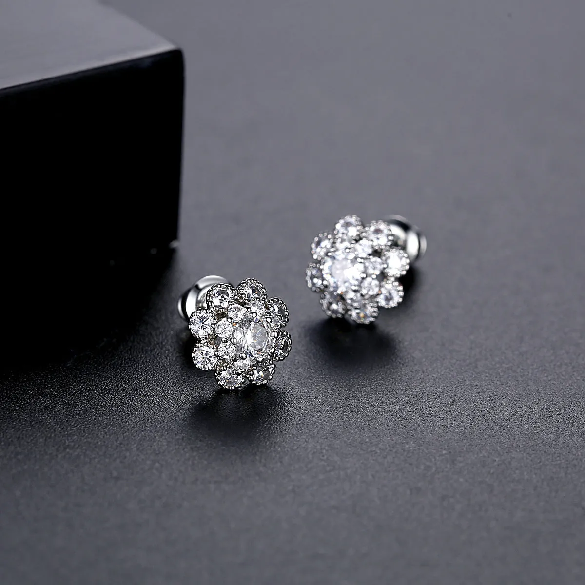 Cubic Zirconia & Silver-Plated Flower Stud Earrings