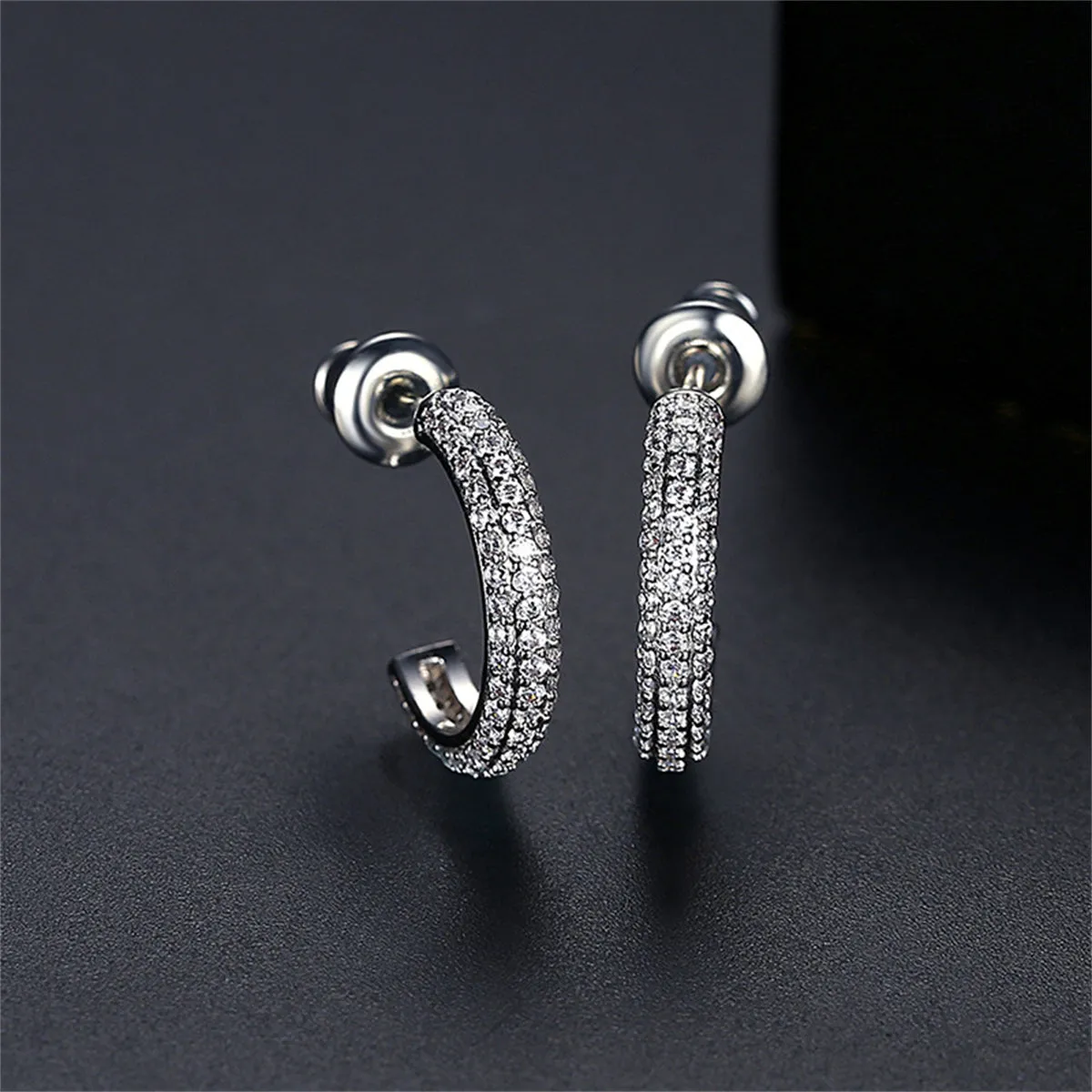Cubic Zirconia & Silver-Plated Half Circle Huggie Earrings
