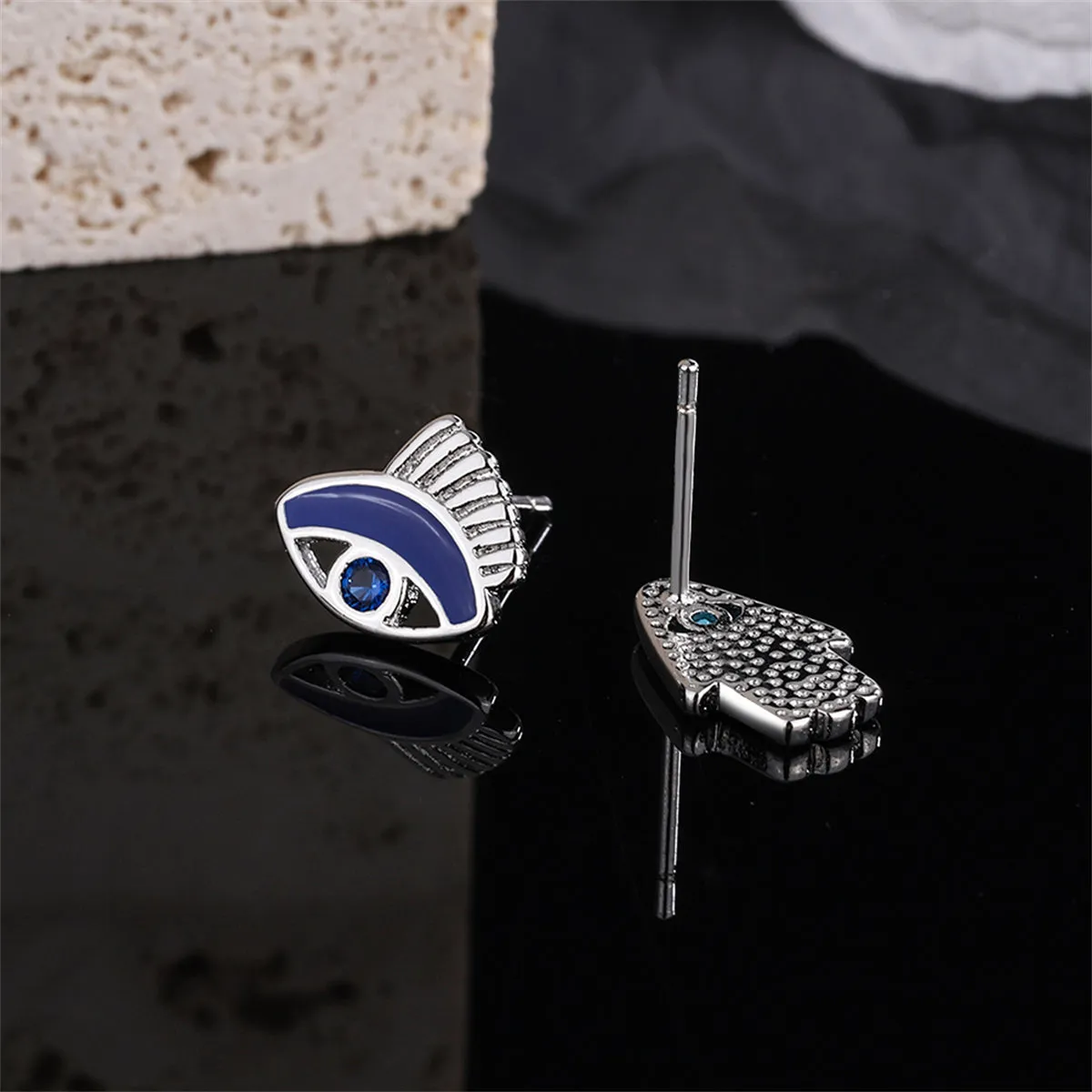 Cubic Zirconia & Silver-Plated Hamsa Eye Stud Earrings