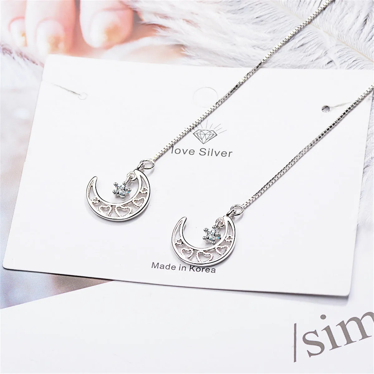 Cubic Zirconia & Silver-Plated Heart & Moon Threader Earrings