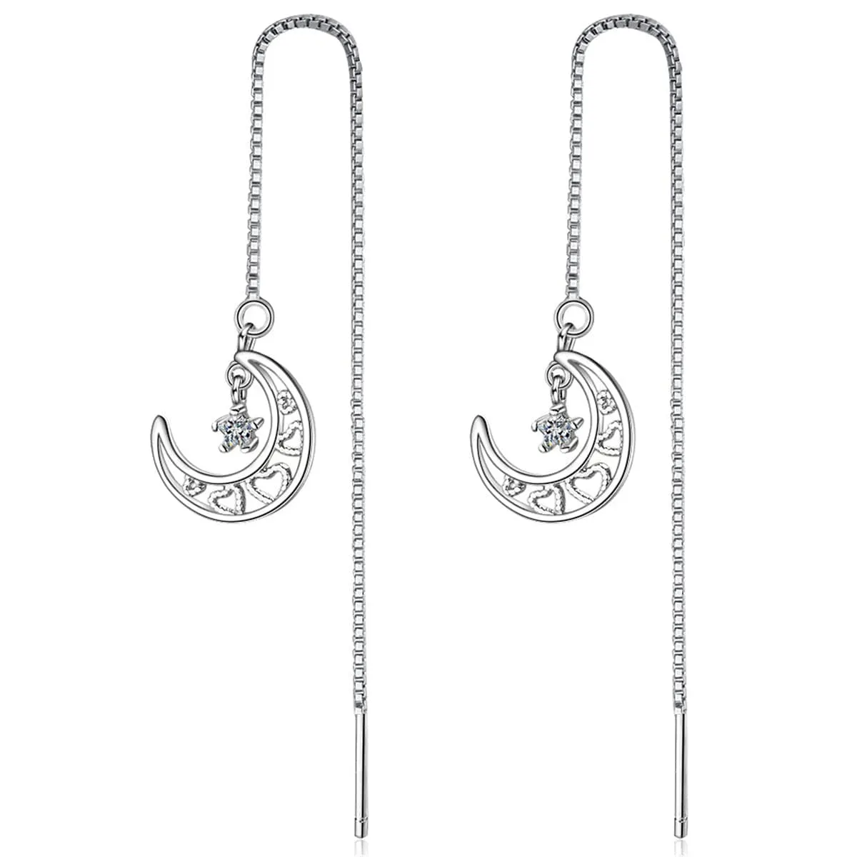Cubic Zirconia & Silver-Plated Heart & Moon Threader Earrings
