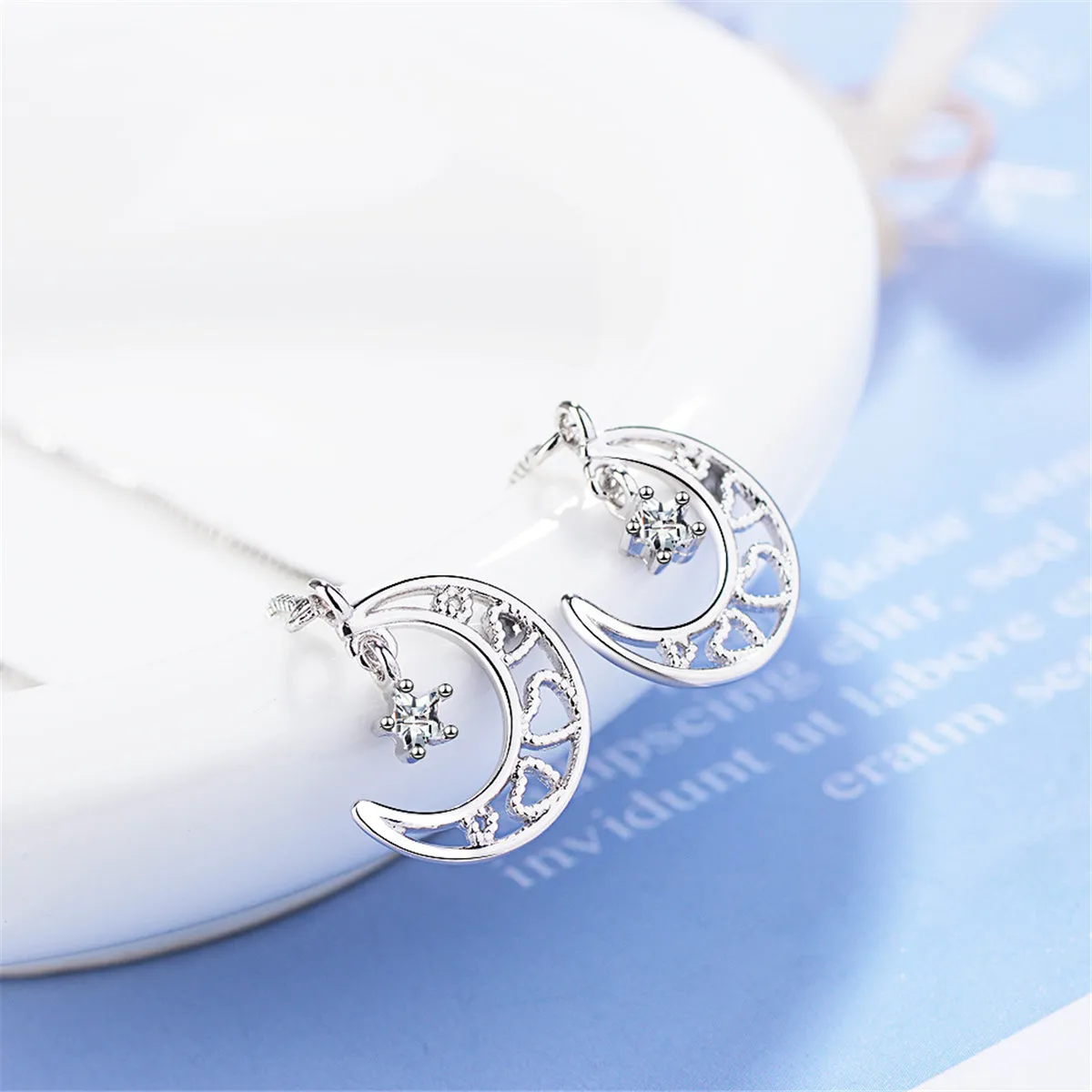Cubic Zirconia & Silver-Plated Heart & Moon Threader Earrings