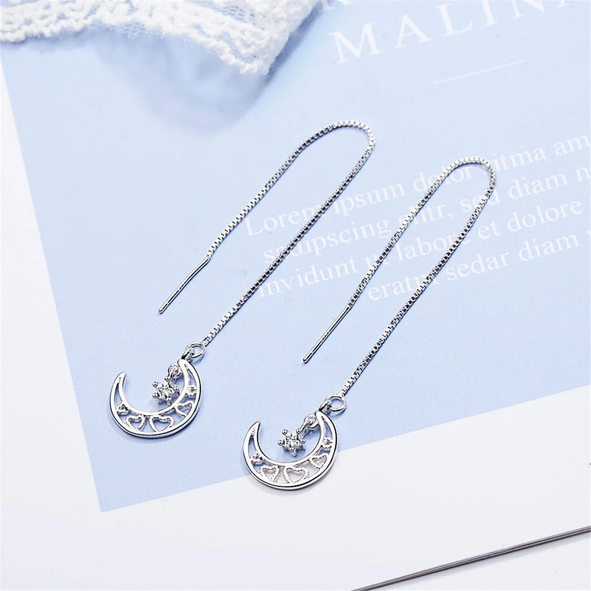 Cubic Zirconia & Silver-Plated Heart & Moon Threader Earrings