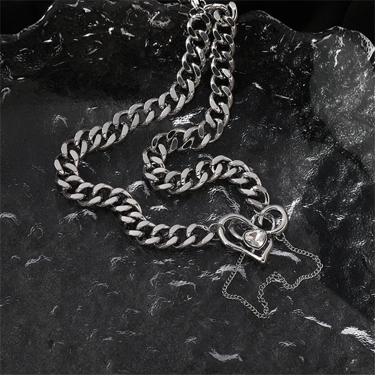 Cubic Zirconia & Silver-Plated Heart Curb Chain Necklace