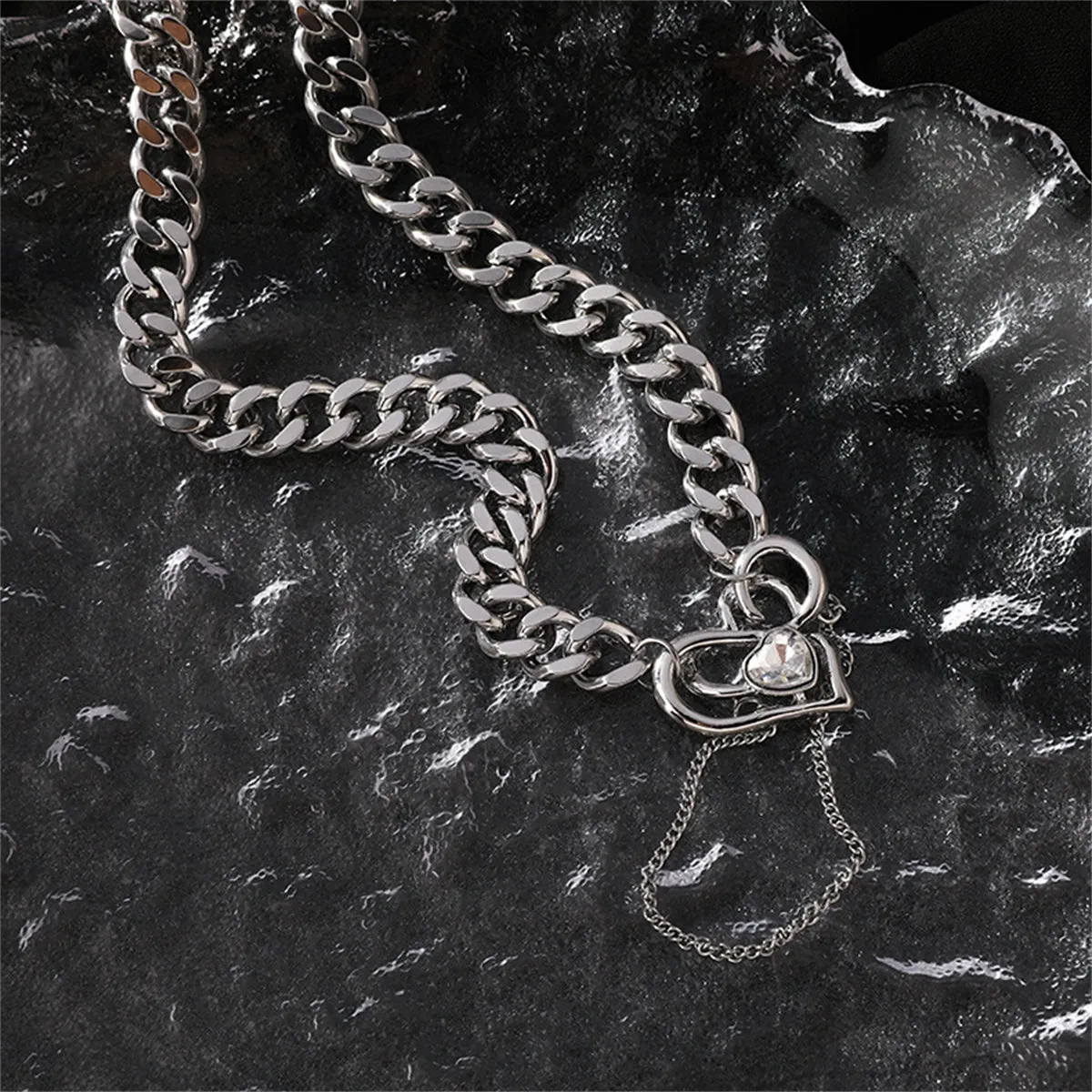 Cubic Zirconia & Silver-Plated Heart Curb Chain Necklace