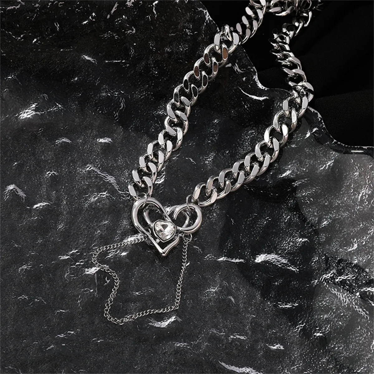 Cubic Zirconia & Silver-Plated Heart Curb Chain Necklace