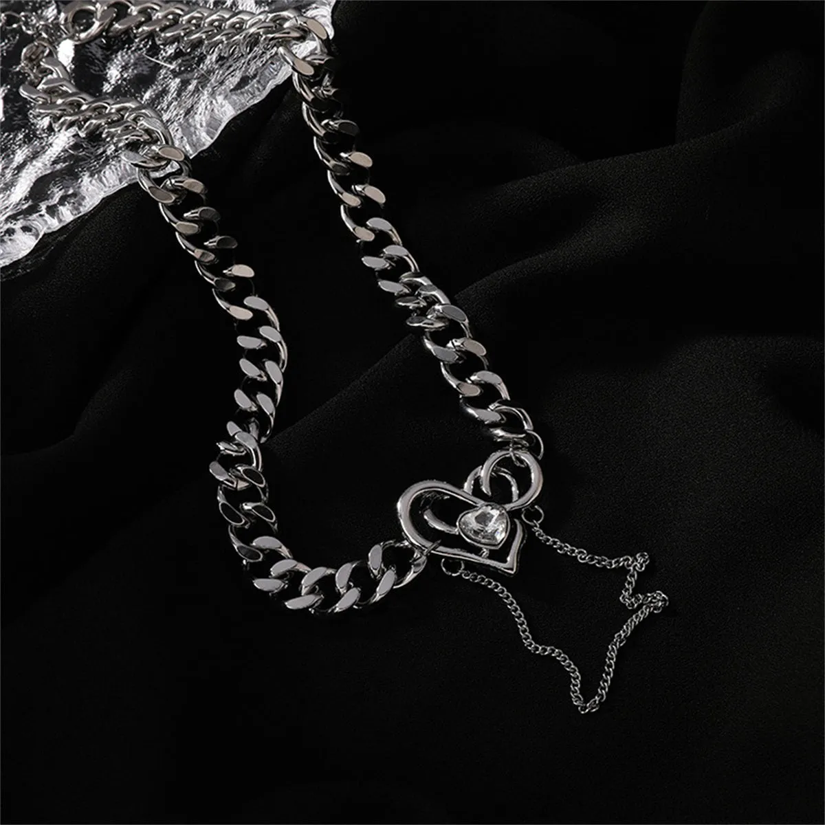Cubic Zirconia & Silver-Plated Heart Curb Chain Necklace
