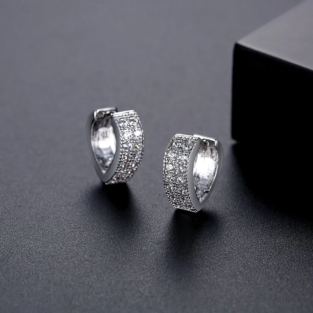 Cubic Zirconia & Silver-Plated Heart Huggie Earrings