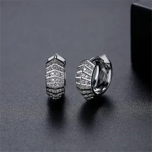 Cubic Zirconia & Silver-Plated Herringbone Huggie Earrings
