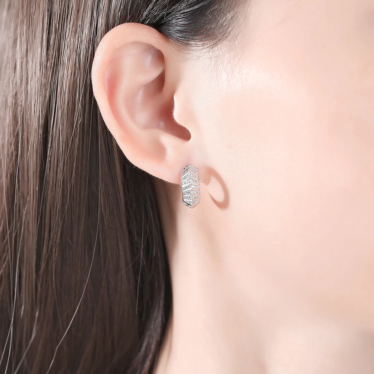 Cubic Zirconia & Silver-Plated Herringbone Huggie Earrings