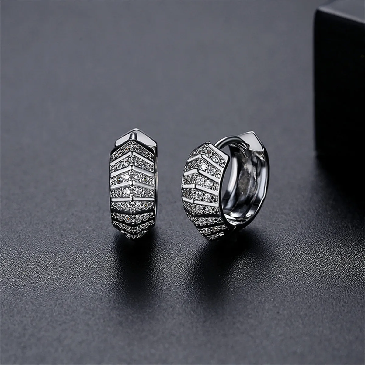 Cubic Zirconia & Silver-Plated Herringbone Huggie Earrings