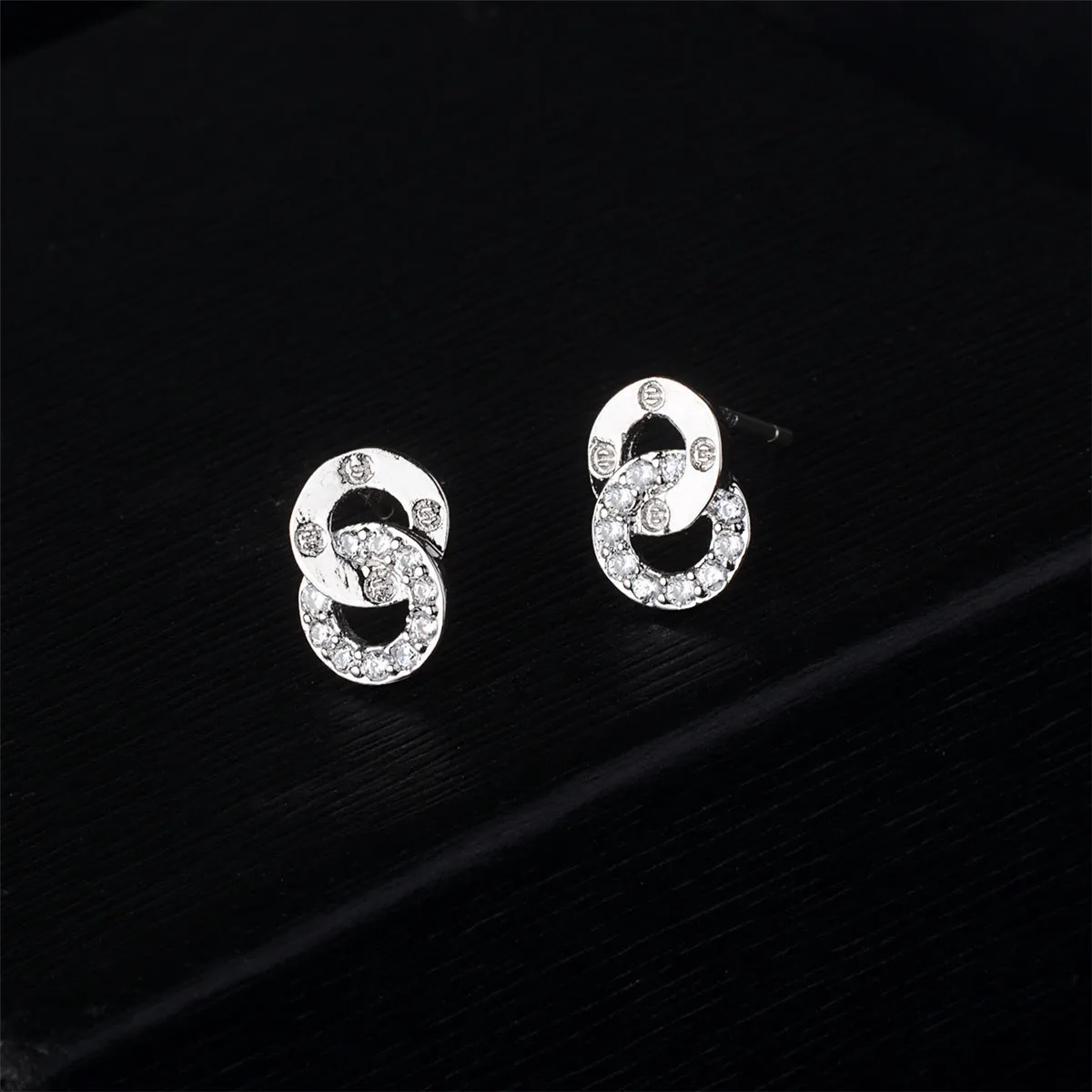 Cubic Zirconia & Silver-Plated Interlocking Ring Stud Earrings