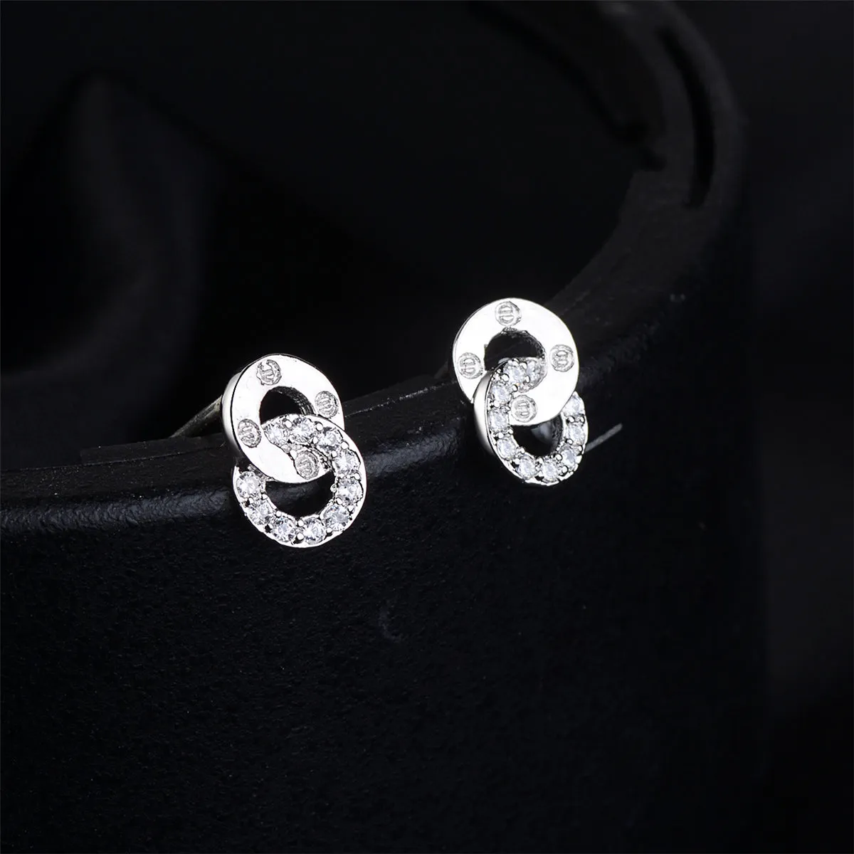Cubic Zirconia & Silver-Plated Interlocking Ring Stud Earrings