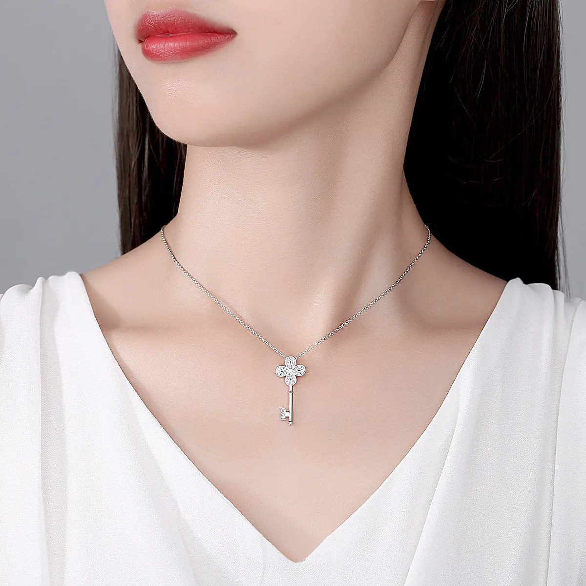 Cubic Zirconia & Silver-Plated Key Pendant Necklace