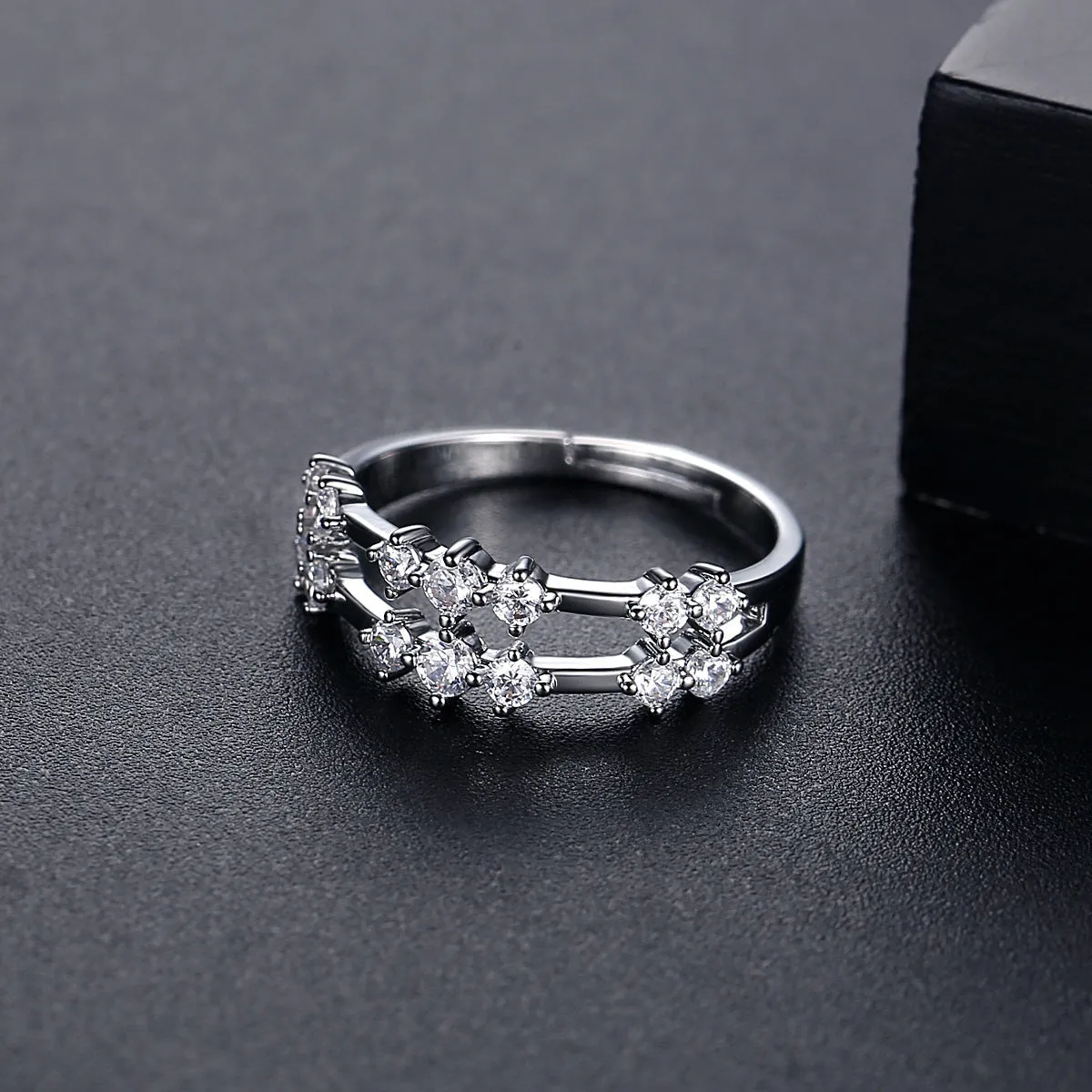 Cubic Zirconia & Silver-Plated Layered Adjustable Ring