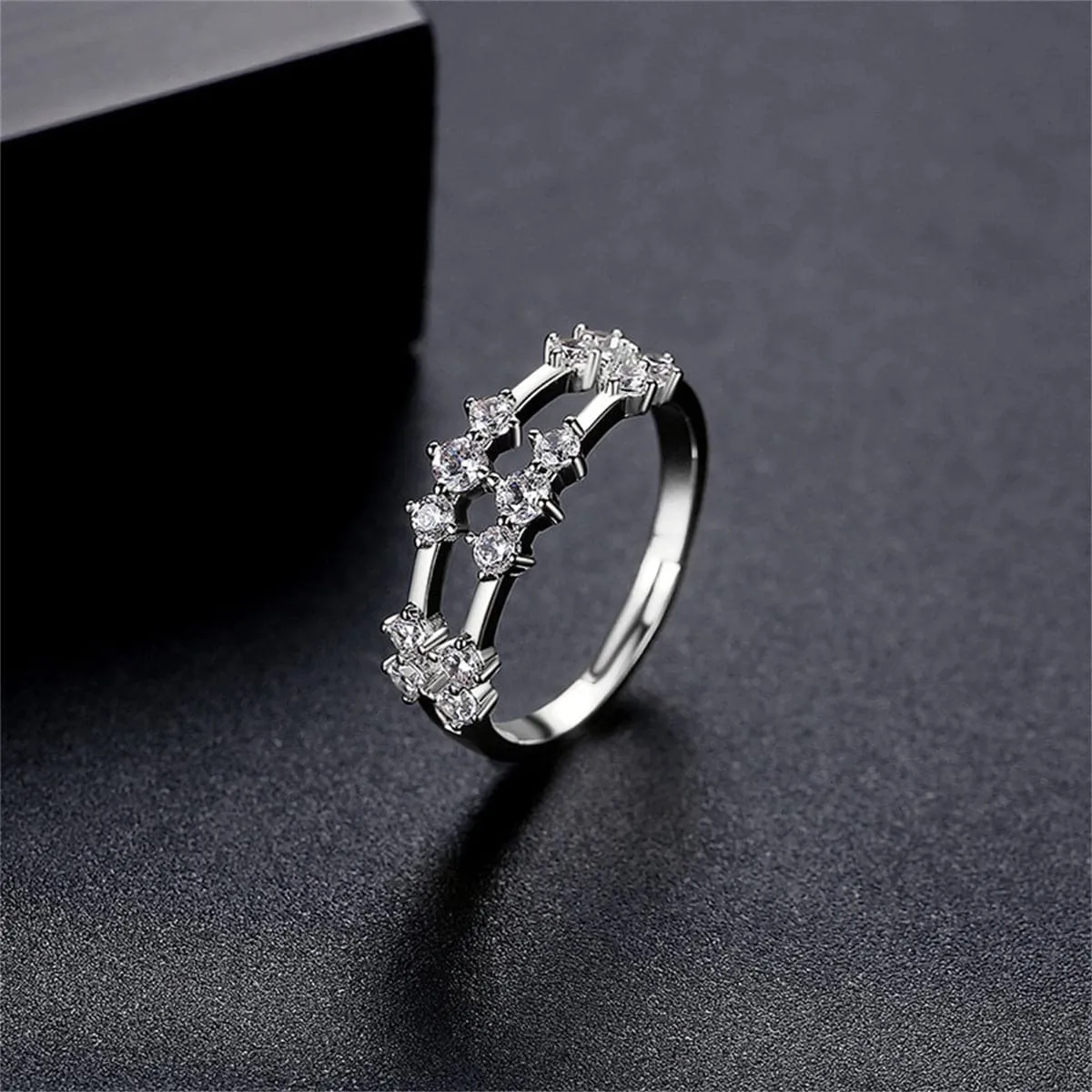 Cubic Zirconia & Silver-Plated Layered Adjustable Ring