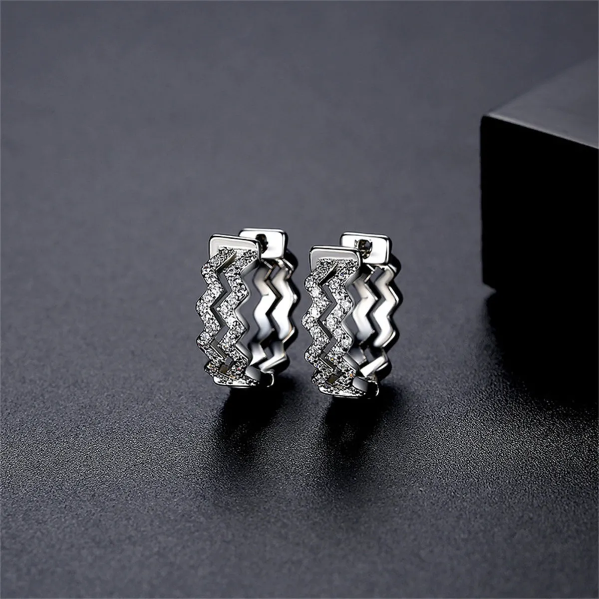 Cubic Zirconia & Silver-Plated Layered Wave Huggie Earrings