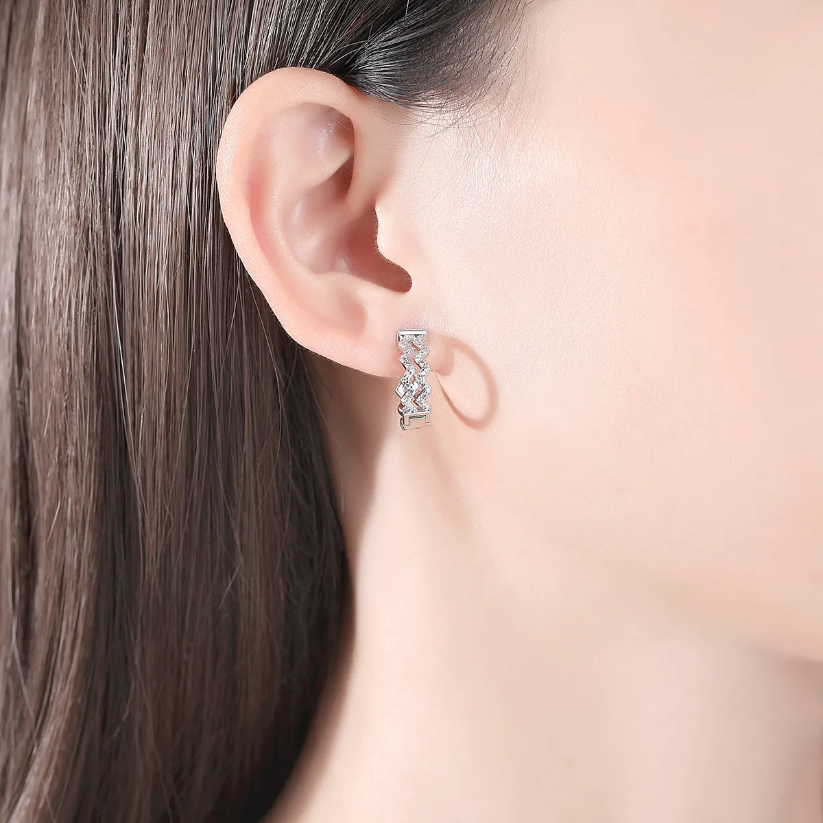 Cubic Zirconia & Silver-Plated Layered Wave Huggie Earrings