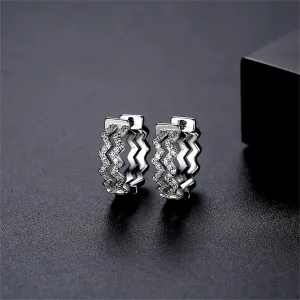 Cubic Zirconia & Silver-Plated Layered Wave Huggie Earrings
