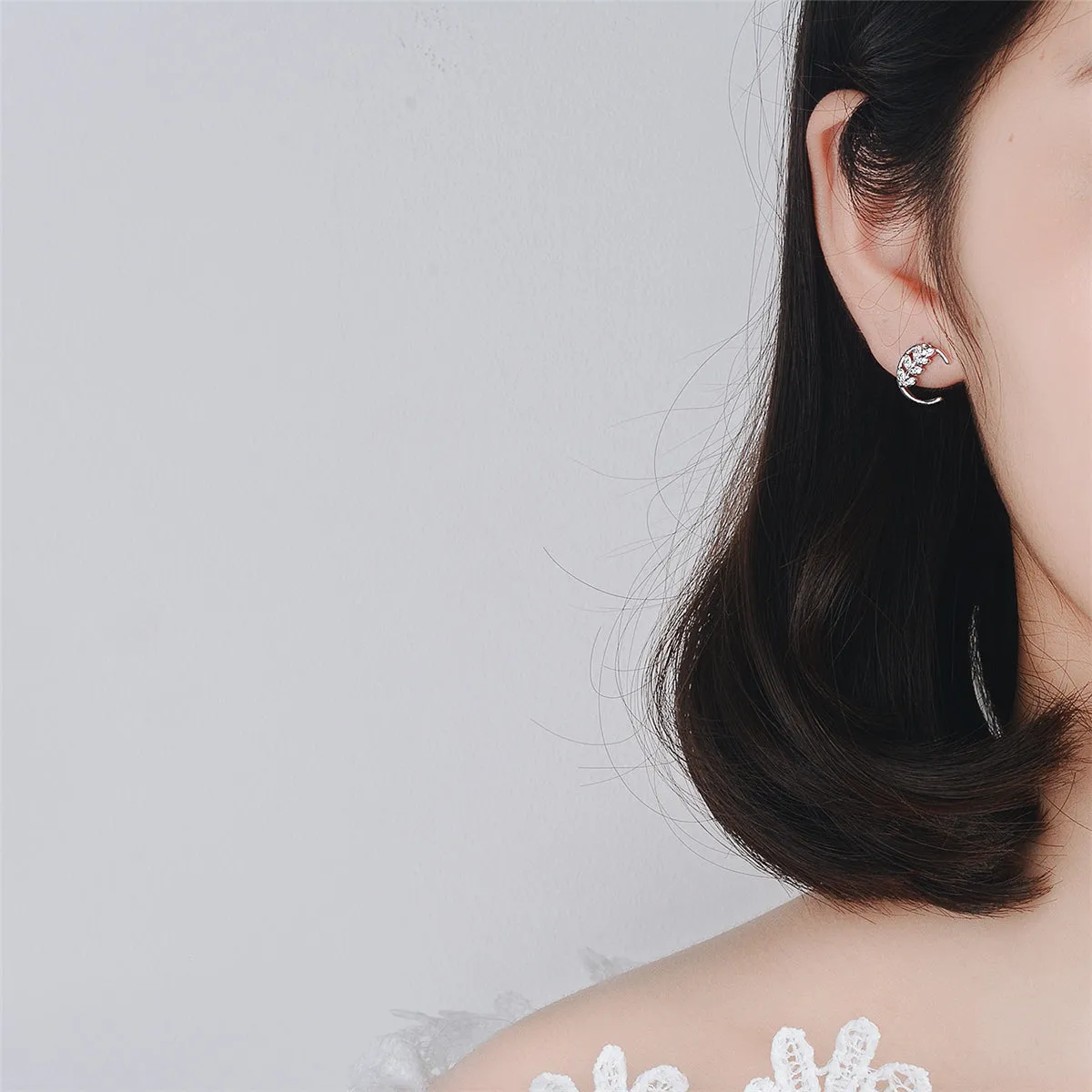 Cubic Zirconia & Silver-Plated Leaf & Moon Stud Earrings