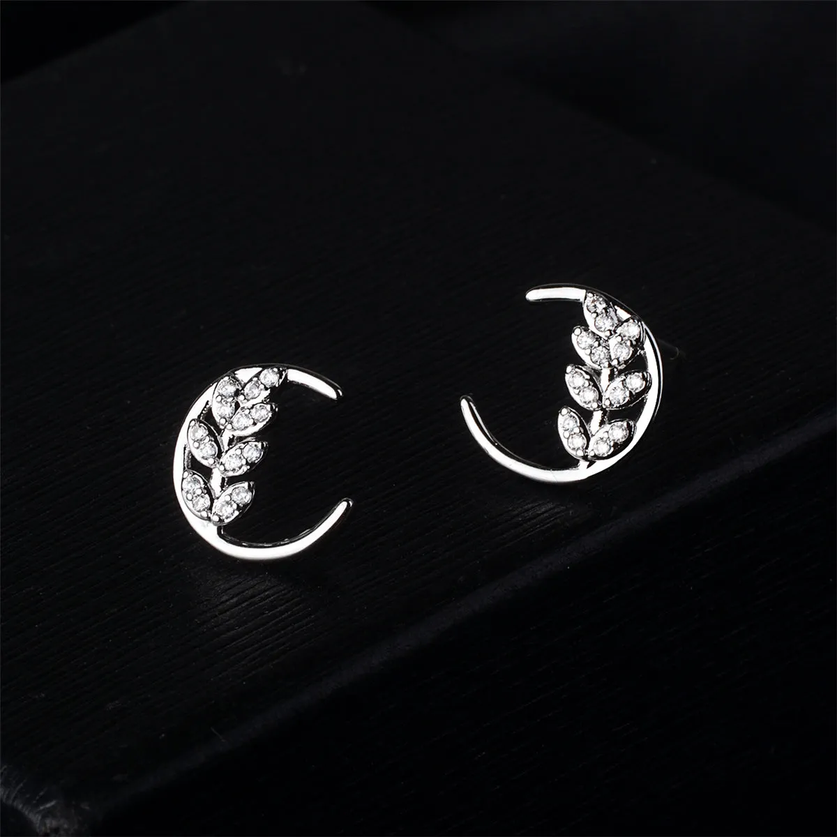 Cubic Zirconia & Silver-Plated Leaf & Moon Stud Earrings