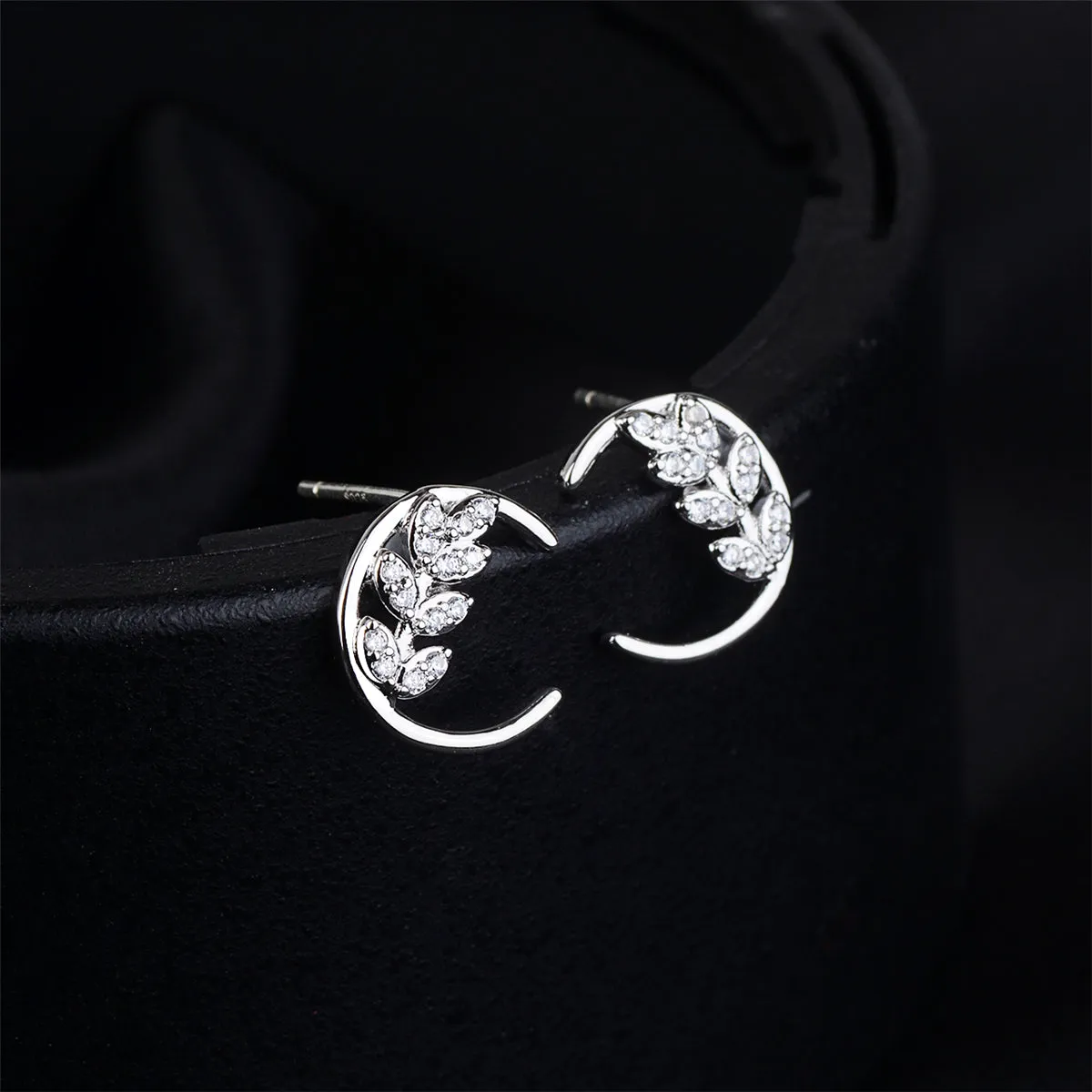 Cubic Zirconia & Silver-Plated Leaf & Moon Stud Earrings