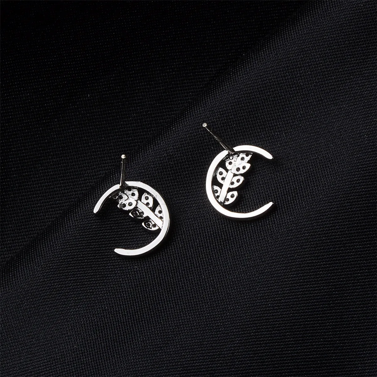 Cubic Zirconia & Silver-Plated Leaf & Moon Stud Earrings
