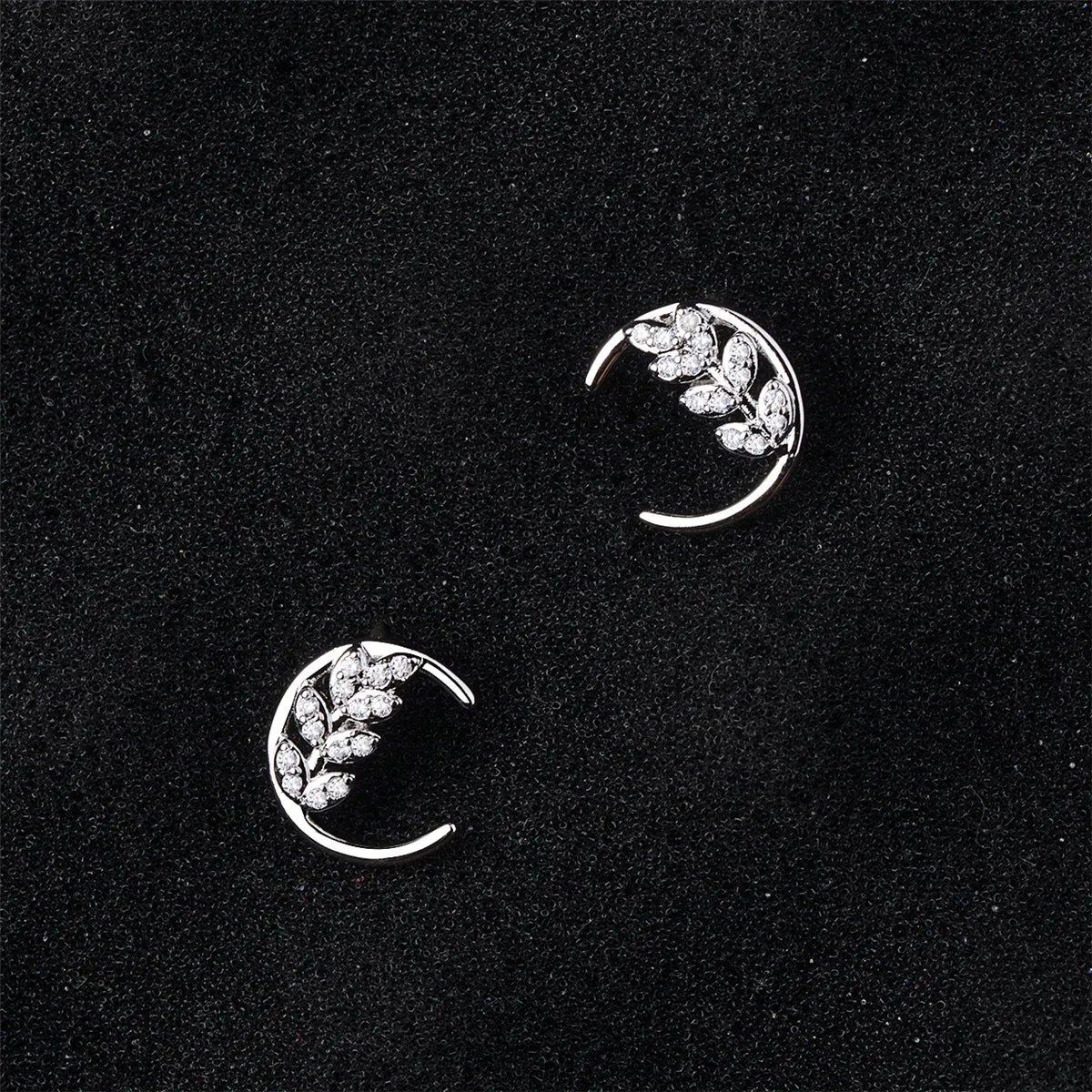 Cubic Zirconia & Silver-Plated Leaf & Moon Stud Earrings