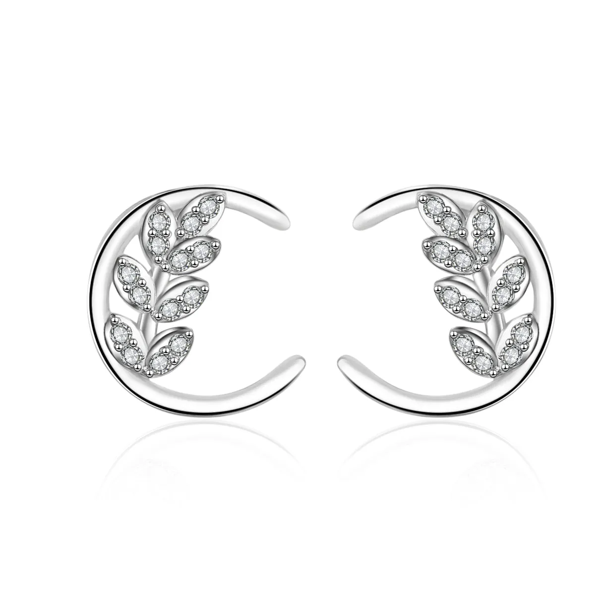 Cubic Zirconia & Silver-Plated Leaf & Moon Stud Earrings