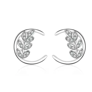 Cubic Zirconia & Silver-Plated Leaf & Moon Stud Earrings